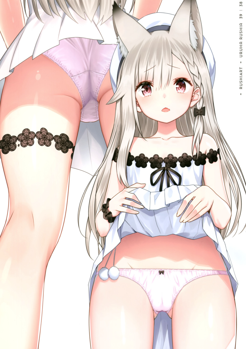 1girl absurdres animal_ears ass bangs bare_shoulders blush bow bow_panties bowtie braid collarbone dress eyebrows_visible_through_hair flat_chest grey_hair hair_ornament hat highres lifted_by_self open_mouth panties plivyou scan scrunchie shiny shiny_skin shiromiya_mimi short_dress simple_background solo thighs tied_hair underwear violet_eyes virtual_youtuber wrist_scrunchie yasuyuki