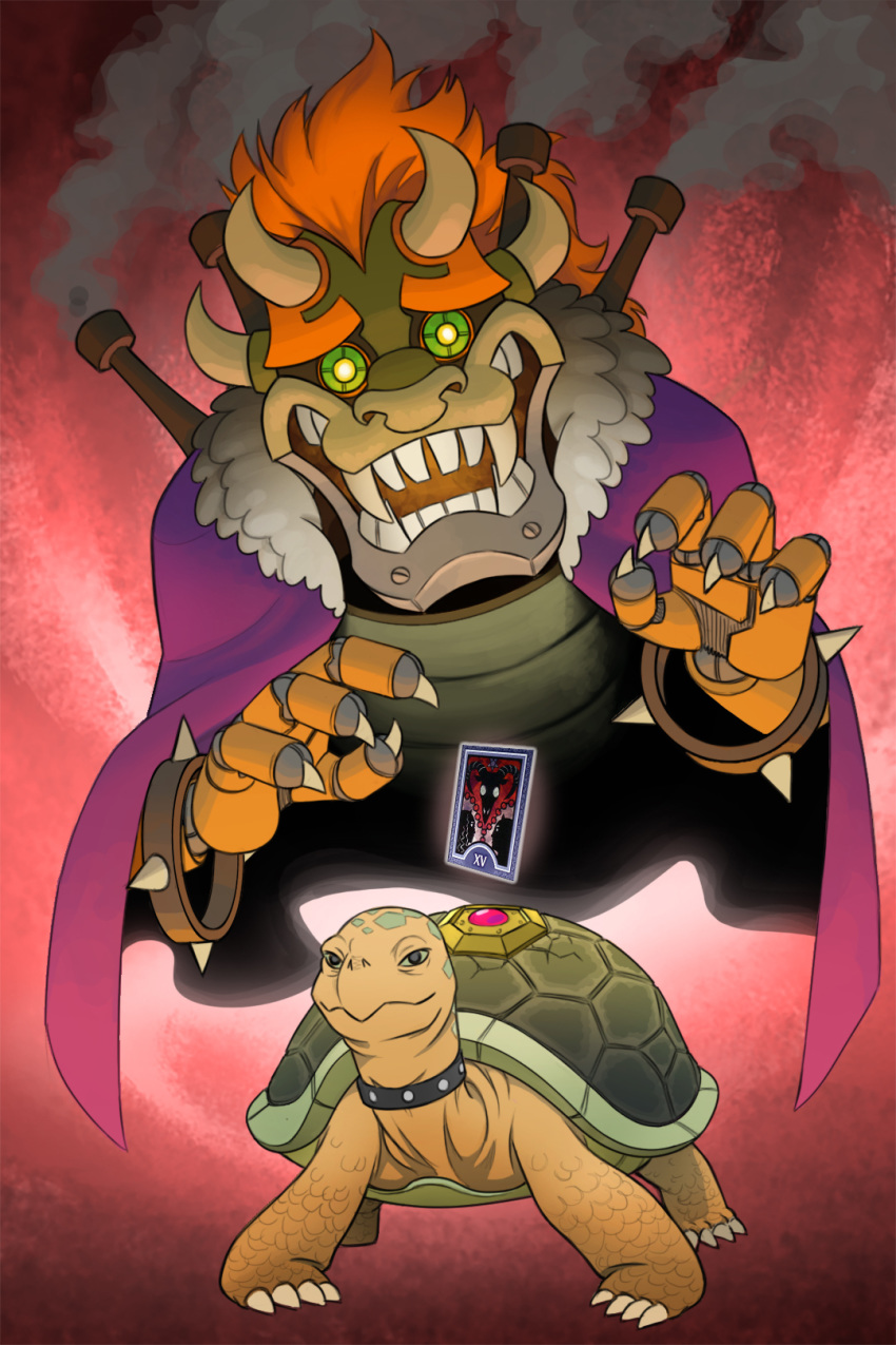 bow bowser cape card collar commission english_commentary gem guilhermerm highres karakuri looking_at_viewer super_mario_bros. no_humans persona purple_cape red_background spiked_collar spikes tarot the_devil turtle