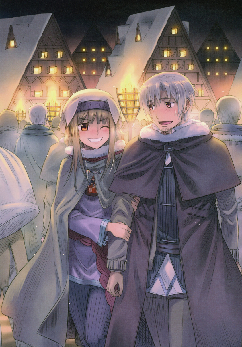 :d absurdres arm_grab bangs black_vest blush brown_eyes brown_hair brown_pants cloak couple craft_lawrence eyebrows_visible_through_hair fur-trimmed_cloak fur_trim grey_cloak grin hat hetero highres holo koume_keito long_hair long_sleeves night official_art one_eye_closed open_mouth outdoors page_number pants purple_shirt scan shiny shiny_hair shirt silver_hair smile spice_and_wolf sweatdrop vest white_headwear winter