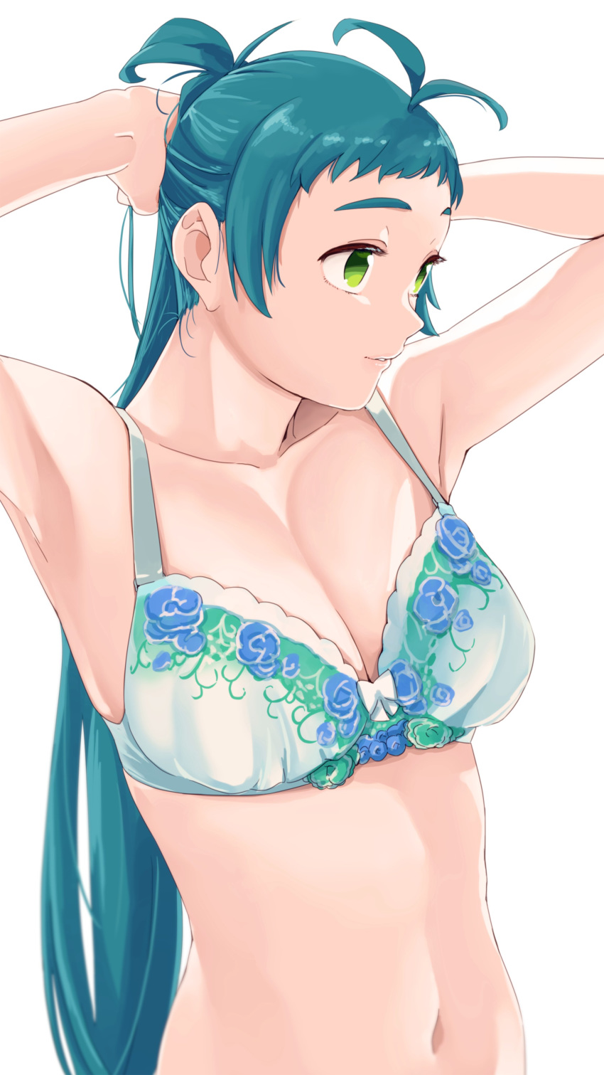 1girl absurdres adjusting_hair antenna_hair armpits arms_up bra breasts collarbone eyebrows green_eyes green_hair highres irako_(kantai_collection) kantai_collection long_hair medium_breasts navel ojipon simple_background solo thick_eyebrows tying_hair underwear upper_body white_background white_bra