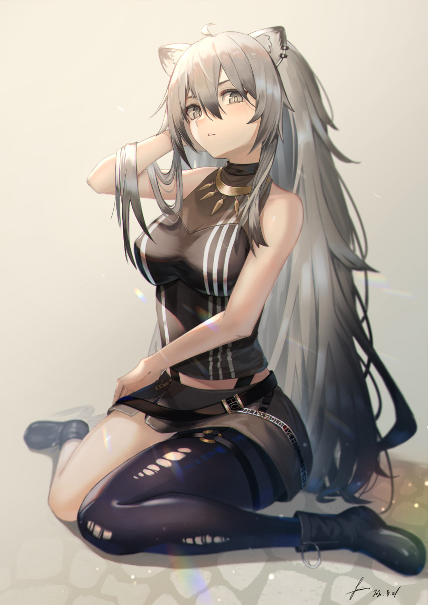 1girl absurdres ahoge animal_ears bare_shoulders boots breasts earrings fur_trim grey_eyes grey_hair hair_between_eyes hand_in_hair highres hololive ioriwu8 jewelry large_breasts lion_ears long_hair looking_at_viewer necklace parted_lips shirt shishiro_botan single_leg_pantyhose sitting skirt sleeveless sleeveless_shirt solo thighs torn_clothes torn_legwear virtual_youtuber wariza