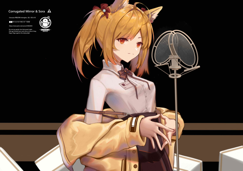 1girl absurdres ahoge alternate_costume animal_ears arknights bangs black_skirt blonde_hair commentary highres jacket long_sleeves looking_at_viewer off_shoulder open_clothes open_jacket own_hands_together penguin_logistics_logo red_eyes river_(river15221728798) shirt short_hair skirt solo sora_(arknights) steepled_fingers twintails upper_body white_shirt wolf_ears yellow_jacket