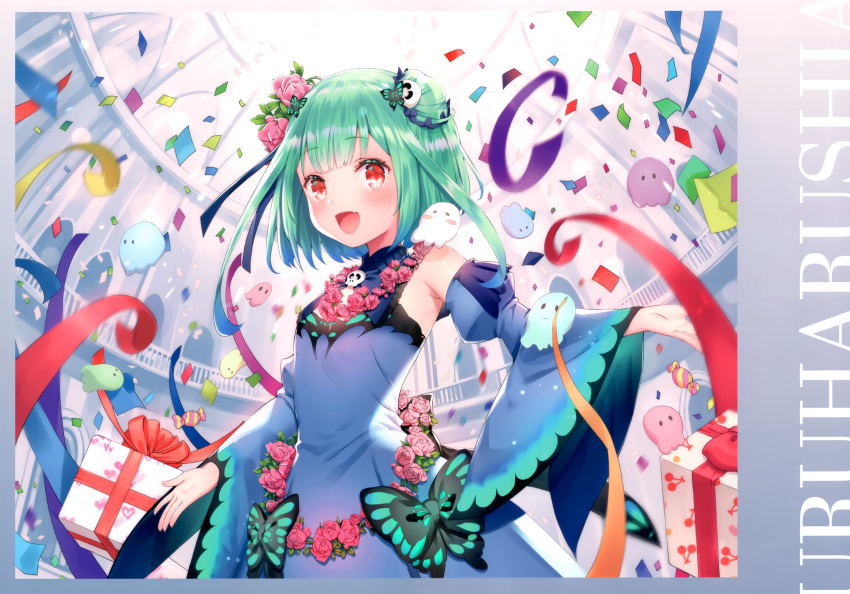 1girl :d absurdres armpits bare_shoulders blue_dress blue_sleeves blush box bug butterfly candy confetti detached_sleeves double_bun dress fang flower food gift gift_box green_hair hair_flower hair_ornament heart highres hololive huge_filesize indoors insect juliet_sleeves long_sleeves looking_at_viewer open_mouth pink_flower pink_rose puffy_sleeves railing red_eyes rose scan sleeveless sleeveless_dress smile solo streamers uruha_rushia virtual_youtuber wide_sleeves yasuyuki