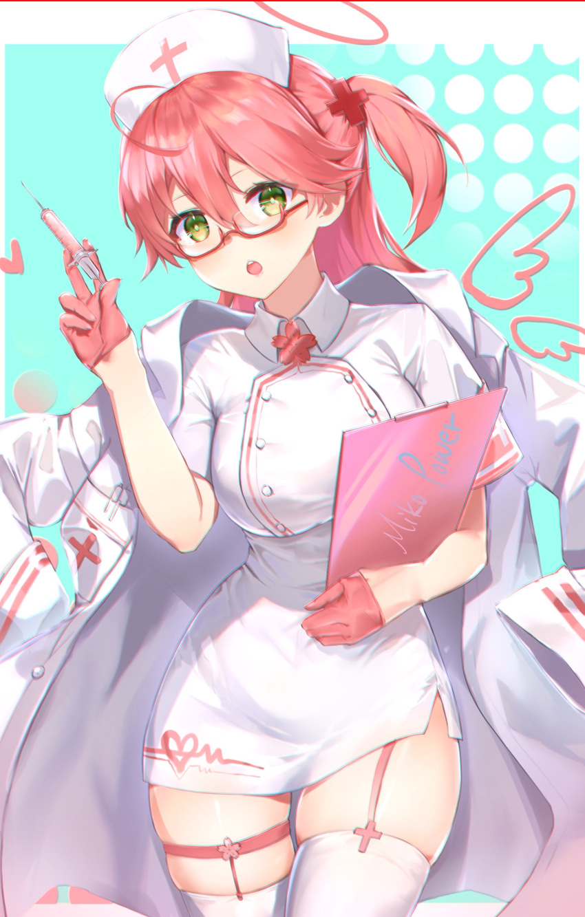 1girl absurdres alternate_costume buttons character_name chestnut_mouth cross_print glasses gloves green_eyes half_gloves hat heart highres hololive jacket jacket_on_shoulders lims_(neko2lims) nurse nurse_cap open_mouth pink_gloves pink_hair red-framed_eyewear sakura_miko solo syringe thigh-highs virtual_youtuber wing_print