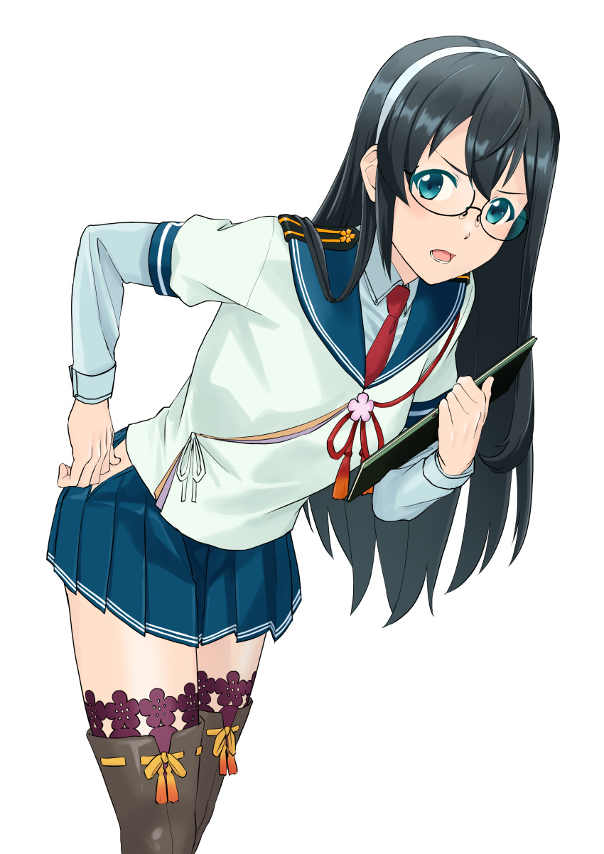 1girl absurdres black-framed_eyewear black_hair clipboard flat_chest glasses green_eyes hairband highres hip_vent kantai_collection lace lace-trimmed_legwear leaning_forward long_hair mikan_29344886 ooyodo_(kantai_collection) purple_legwear school_uniform semi-rimless_eyewear serafuku simple_background solo standing thigh-highs under-rim_eyewear white_background white_hairband