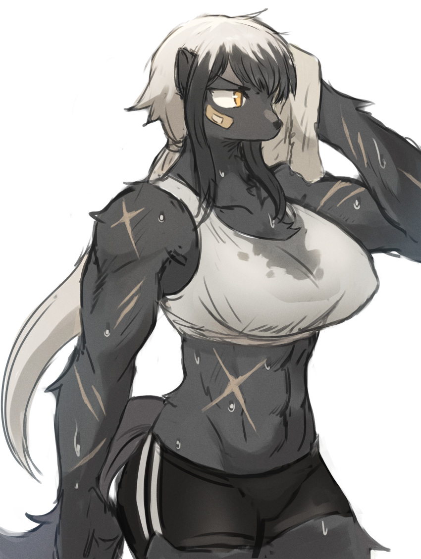1girl abs absurdres arm_at_side bandaid bandaid_on_face black_fur black_hair black_shorts black_skin breasts commentary_request furry highres holding holding_towel korean_commentary large_breasts long_hair looking_to_the_side multicolored_hair muscle muscular_female ponytail short_shorts shorts simple_background sketch snout solo sookmo sports_bra sweat tank_top towel two-tone_hair very_long_hair white_background white_hair white_tank_top yellow_eyes