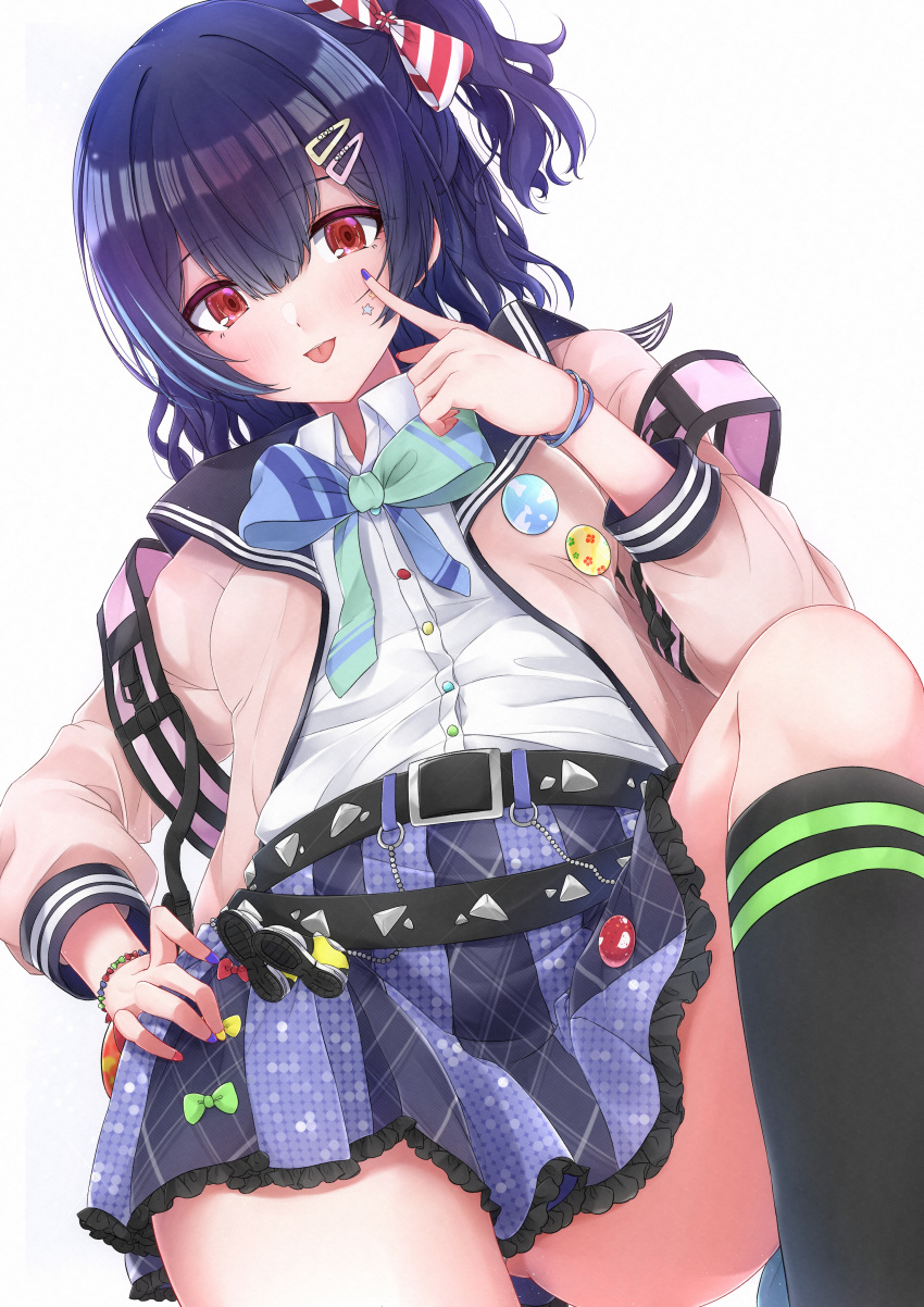 1girl absurdres akanbe ass_visible_through_thighs bangs belt black_belt black_legwear blue_hair blue_skirt blush bow bowtie bracelet commentary facial_mark frilled_skirt frills from_below gyaru hair_between_eyes hair_bow hand_on_hip highres idolmaster idolmaster_shiny_colors jacket jewelry leg_up long_sleeves looking_at_viewer medium_hair miniskirt morino_rinze multicolored multicolored_nails nail_polish one_side_up open_clothes open_jacket panties pantyshot pink_jacket pleated_skirt red_eyes shirt simple_background skirt socks solo spiked_belt star_(sky) strap thighs tongue tongue_out tutinako underwear white_background white_panties white_shirt