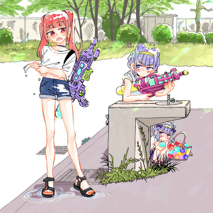 3girls aisaki_emiru bangs bare_legs blunt_bangs blush bow braid bush choker d: double_bun drinking_fountain dual_persona expressionless faucet french_braid grass hair_bow hairband hugtto!_precure long_hair looking_at_another monster_rally multiple_girls older open_mouth outdoors precure purple_hair red_eyes ruru_amour sandals shirt short_shorts shorts sidelocks sideways_glance sleeves_rolled_up time_paradox tree twintails violet_eyes water_balloon water_gun weeds wet wet_clothes wet_shirt younger