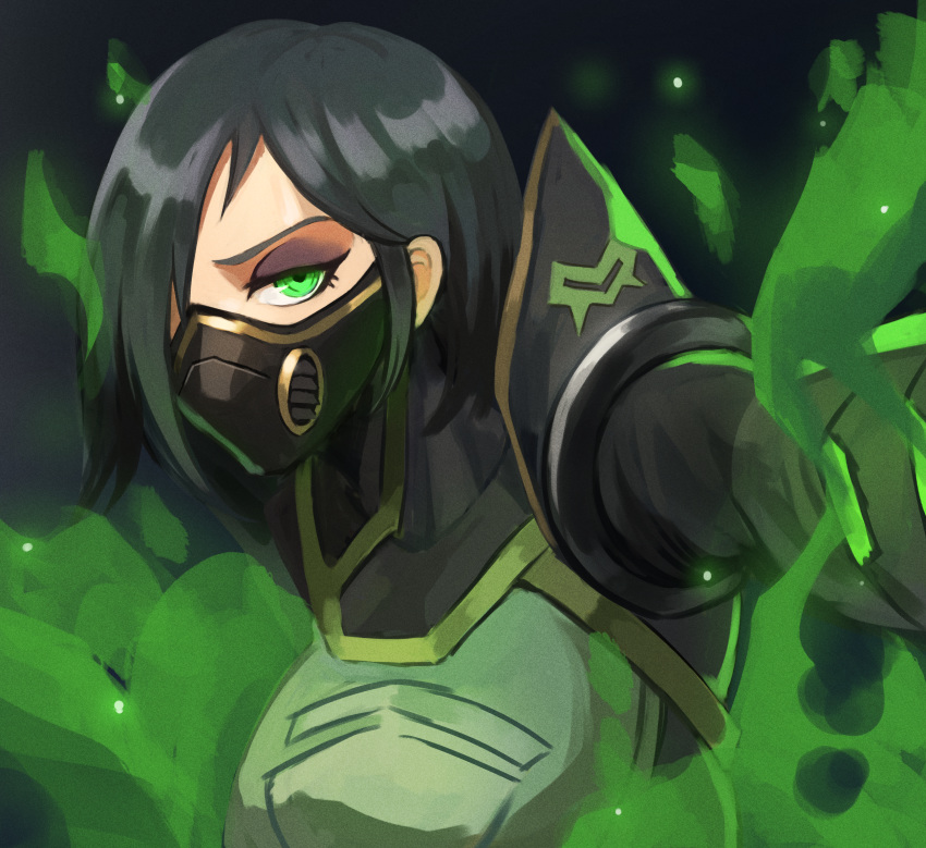 1girl asymmetrical_hair black_hair breasts commentary_request covered_mouth gas_mask green_eyes green_smoke hair_over_one_eye highres korean_commentary mask mouth_mask short_hair smoke solo sookmo upper_body valorant viper_(valorant)
