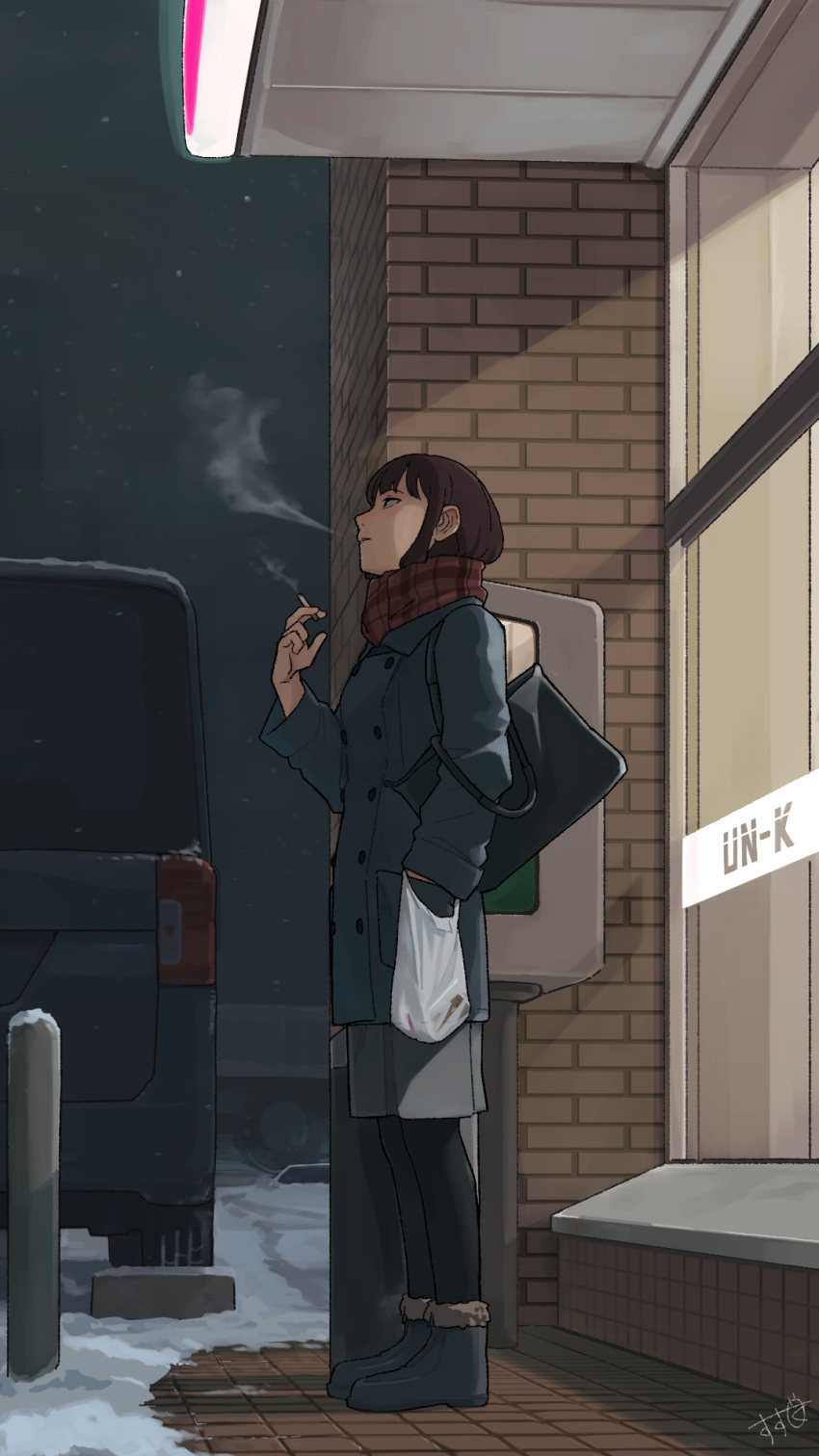 1girl bag black_hair black_legwear cigarette commentary english_commentary handbag highres jacket original outdoors pantyhose plastic_bag scarf shima_(landsuzume) smoke smoking snow solo