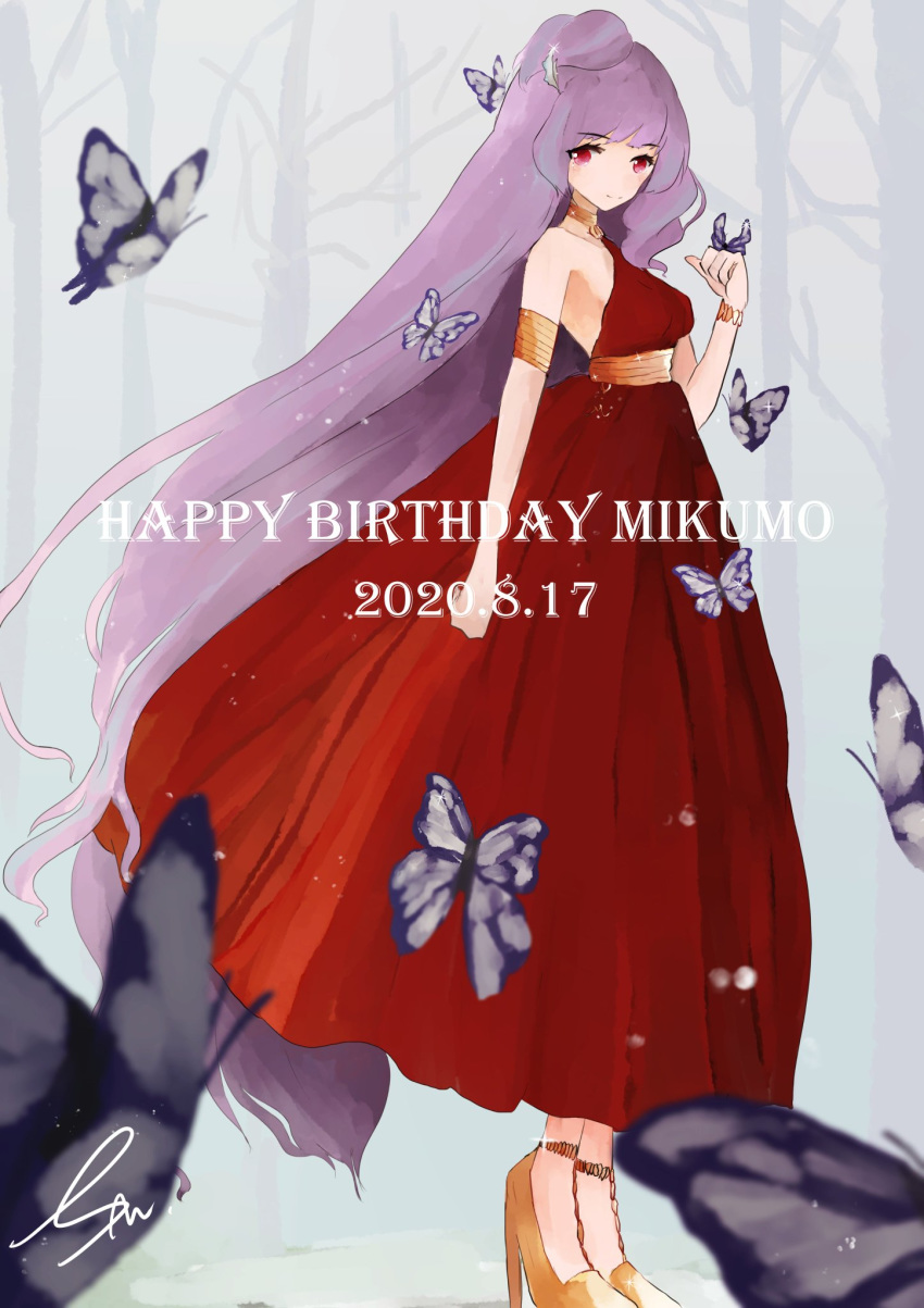 1girl bug butterfly character_name dated dress hair_bun happy_birthday highres insect long_hair looking_to_the_side macross macross_delta mikumo_guynemer osatsu_a purple_hair red_dress red_eyes solo standing very_long_hair