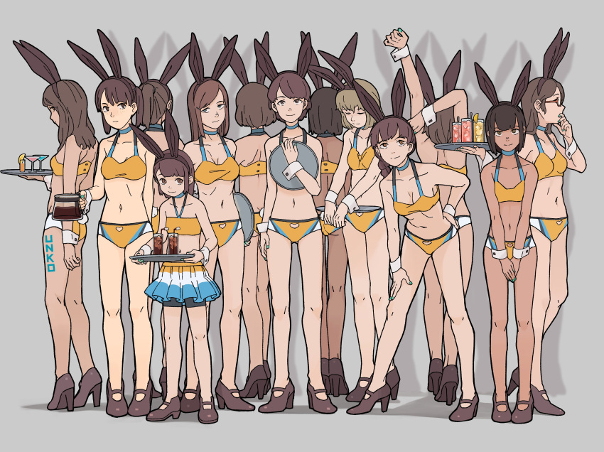 6+girls absurdres animal_ears bikini black_hair body_writing brown_hair cocktail_glass coffee_pot cola copyright_request cup drinking_glass drinking_straw fake_animal_ears glasses heart_cutout high_heels highres holding multiple_girls nail_polish rabbit_ears shima_(landsuzume) simple_background stretch swimsuit tray wrist_cuffs