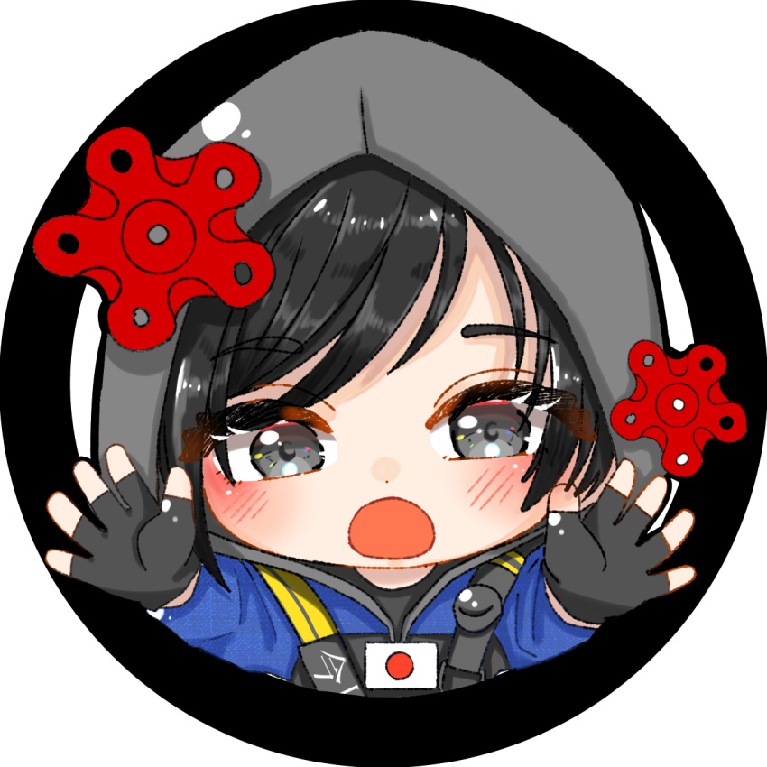 1girl :o black_eyes black_gloves black_hair blue_jacket blush chibi eyebrows_visible_through_hair fingerless_gloves gloves hibana_(rainbow_six_siege) highres hood hood_up jacket japanese_flag looking_at_viewer open_mouth rainbow_six_siege zerro