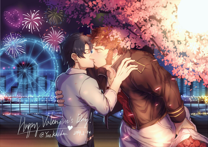2boys artist_name bangs beard black_hair brown_hair cherry_blossoms chest closed_eyes couple eyebrows_visible_through_hair facial_hair fate/grand_order fate_(series) fireworks flower fujimaru_ritsuka_(male) goatee hand_on_another's_shoulder highres holding holding_flower kiss long_sleeves male_focus multiple_boys muscle napoleon_bonaparte_(fate/grand_order) open_clothes open_shirt pants pectorals shirt sideburns sleeves_rolled_up tree upper_body valentine white_pants yaoi yaosan233