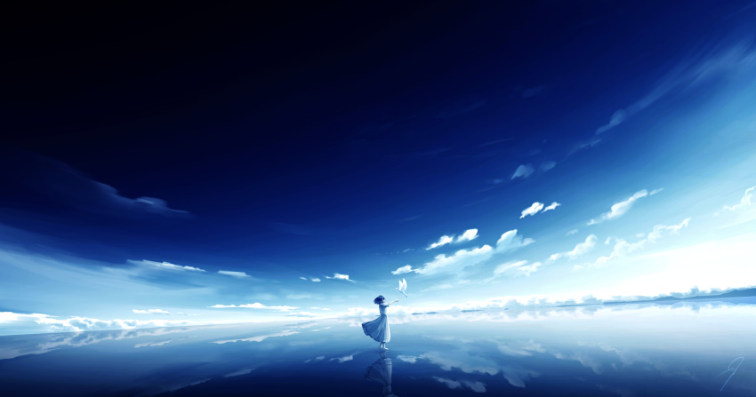1girl bangs bird clouds commentary_request day dress floating_hair flowing_dress hands_up highres kijineko medium_hair original reflection scenery shiny shiny_hair short_sleeves sky white_bird white_dress