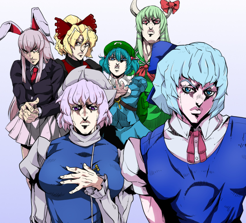 6+girls animal_ears araki_hirohiko_(style) blonde_hair blue_eyes blue_hair blue_skirt blue_vest bow bowtie cirno closed_mouth collared_shirt derivative_work dress ex-keine finger_gun fingernails gradient gradient_background green_dress green_hair grey_background grey_shirt grey_skirt hair_between_eyes hair_bobbles hair_bow hair_ornament hat horn_bow horn_ornament horns jojo_no_kimyou_na_bouken juliet_sleeves kamishirasawa_keine kawashiro_nitori kurodani_yamame letty_whiterock long_hair long_sleeves looking_at_viewer multiple_girls neck_ribbon neckerchief parody parted_lips pink_hair pleated_skirt ponytail puffy_short_sleeves puffy_sleeves purple_background purple_hair rabbit_ears reaching_out red_eyes red_neckwear reisen_udongein_inaba ribbon shirt short_hair short_sleeves skirt takada_sekiyu_(kabu) touhou twintails vento_aureo vest violet_eyes wing_collar