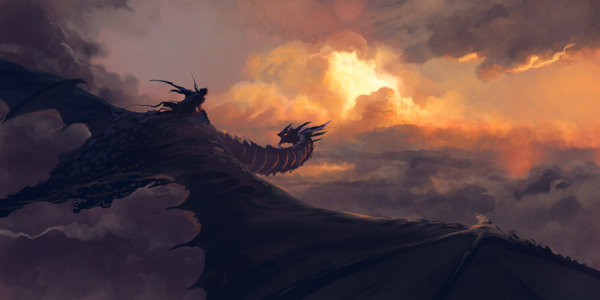 1other clouds cloudy_sky dragon dragon_wings evening fantasy flying highres krita_(medium) original philipp_urlich red_sky scales scenery sky speedpaint sunset wings