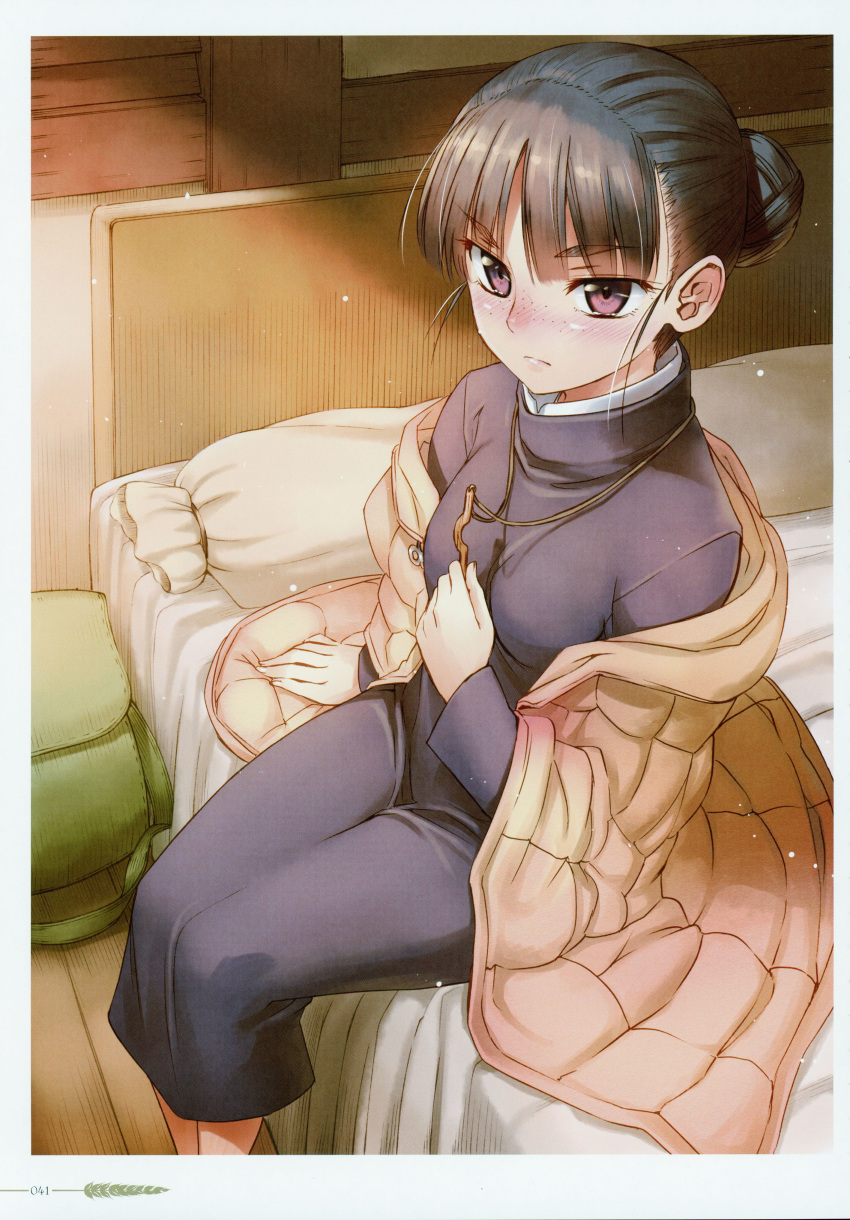 1girl absurdres bangs bed_sheet black_dress black_hair blush brown_eyes closed_mouth coat dress elsa_schtingheim eyebrows_visible_through_hair freckles frown hair_bun highres jewelry koume_keito long_dress necklace off_shoulder official_art on_bed open_clothes open_coat page_number scan short_hair sitting sitting_on_bed solo spice_and_wolf