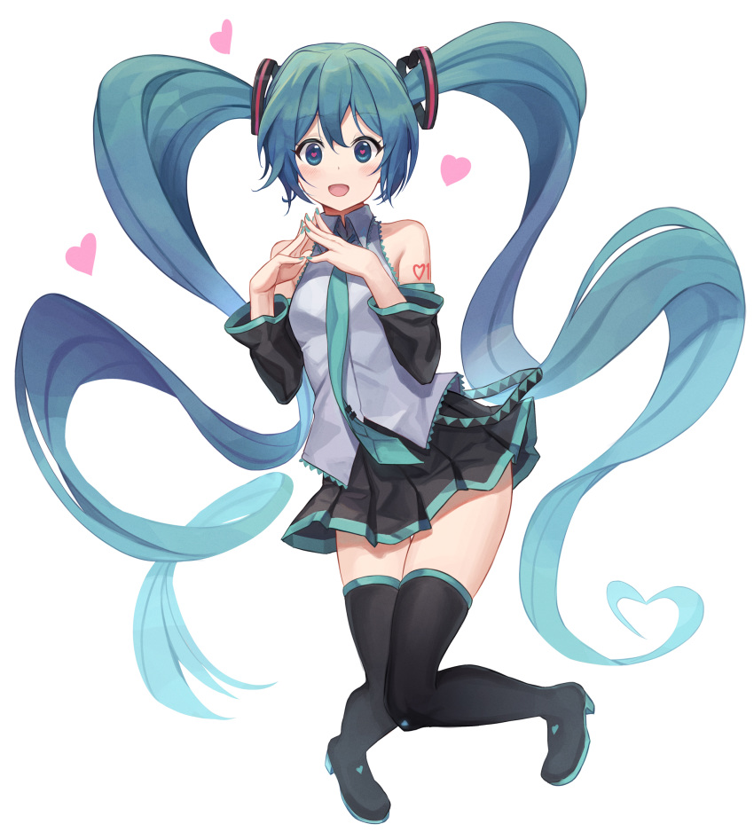 1girl absurdres aqua_eyes aqua_hair aqua_nails aqua_neckwear bare_shoulders bibboss39 black_legwear black_skirt black_sleeves boots commentary detached_sleeves full_body grey_shirt hair_ornament hands_together hatsune_miku heart heart_eyes heart_hair heart_hair_ornament heart_tattoo highres knees_together_feet_apart long_hair looking_at_viewer miniskirt nail_polish necktie pleated_skirt shirt shoulder_tattoo skirt sleeveless sleeveless_shirt steepled_fingers tattoo thigh-highs thigh_boots twintails very_long_hair vocaloid white_background zettai_ryouiki