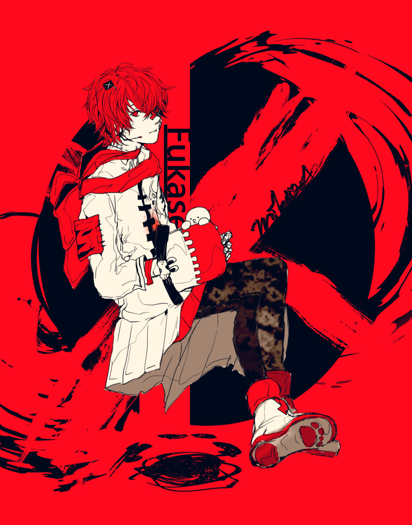 1boy 3kuma black_pants character_name coat crossed_legs flag fukase headset highres looking_at_viewer looking_to_the_side male_focus pants point_(vocaloid) red_background red_eyes red_scarf redhead scarf sitting vocaloid white_coat