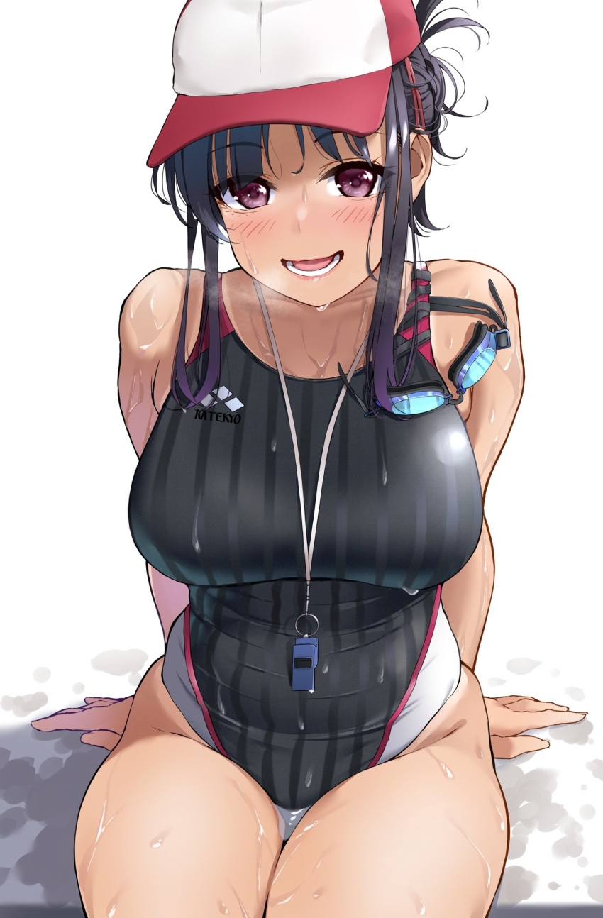 1girl black_hair breasts brown_eyes commentary_request competition_swimsuit cowboy_shot goggles goggles_removed highres igarashi_kyouhei large_breasts long_hair looking_at_viewer one-piece_swimsuit original sidelocks simple_background sitting smile solo striped striped_swimsuit swimsuit wet whistle whistle_around_neck white_background