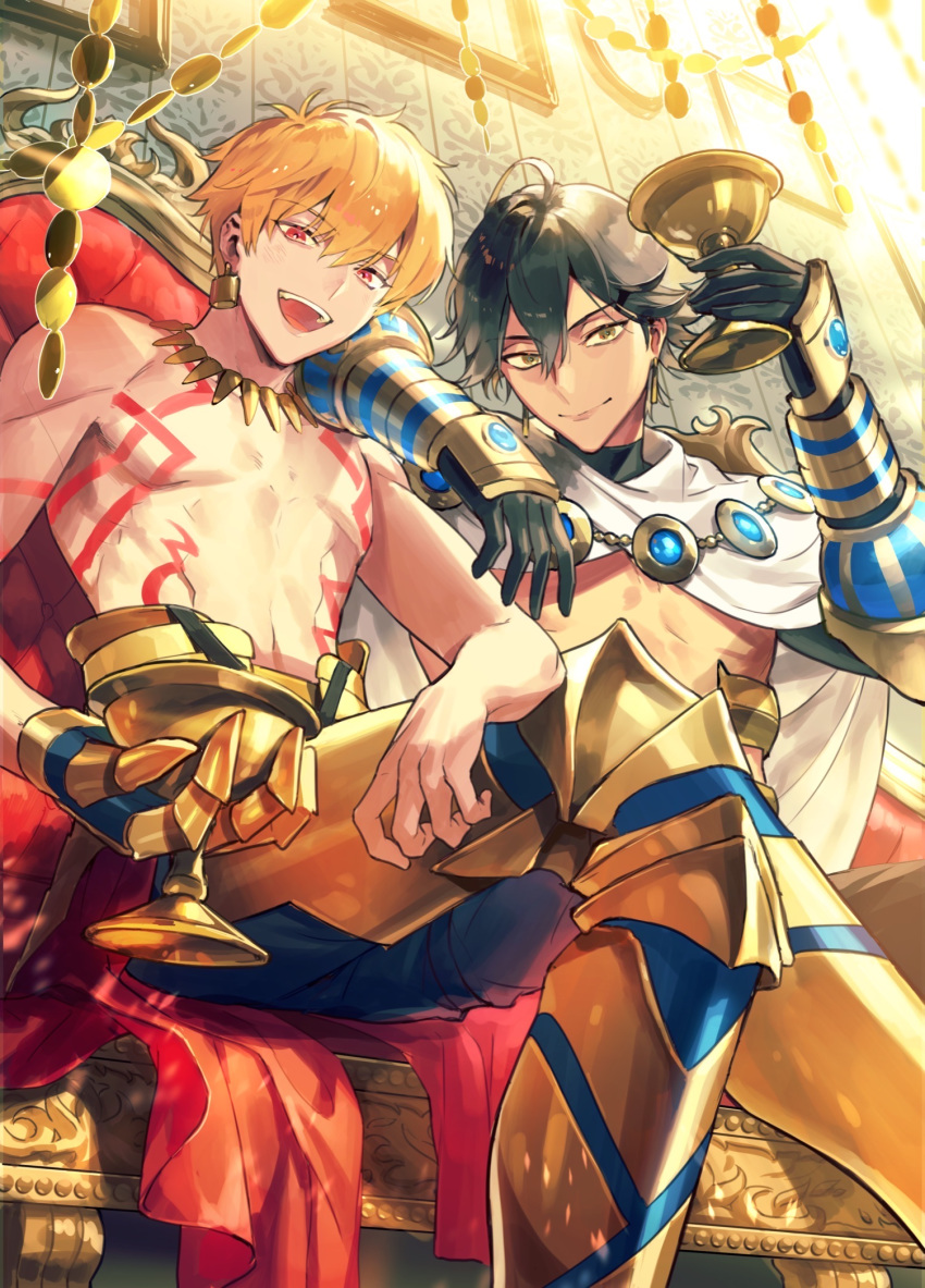 2boys ahoge arm_on_shoulder armor bangs bikkusama black_hair closed_mouth commentary_request couch cup earrings fate/grand_order fate_(series) gilgamesh highres holding holding_cup jewelry leg_armor looking_at_viewer male_focus multiple_boys official_art open_mouth orange_hair ozymandias_(fate) red_eyes shirtless sitting smile tattoo teeth tongue