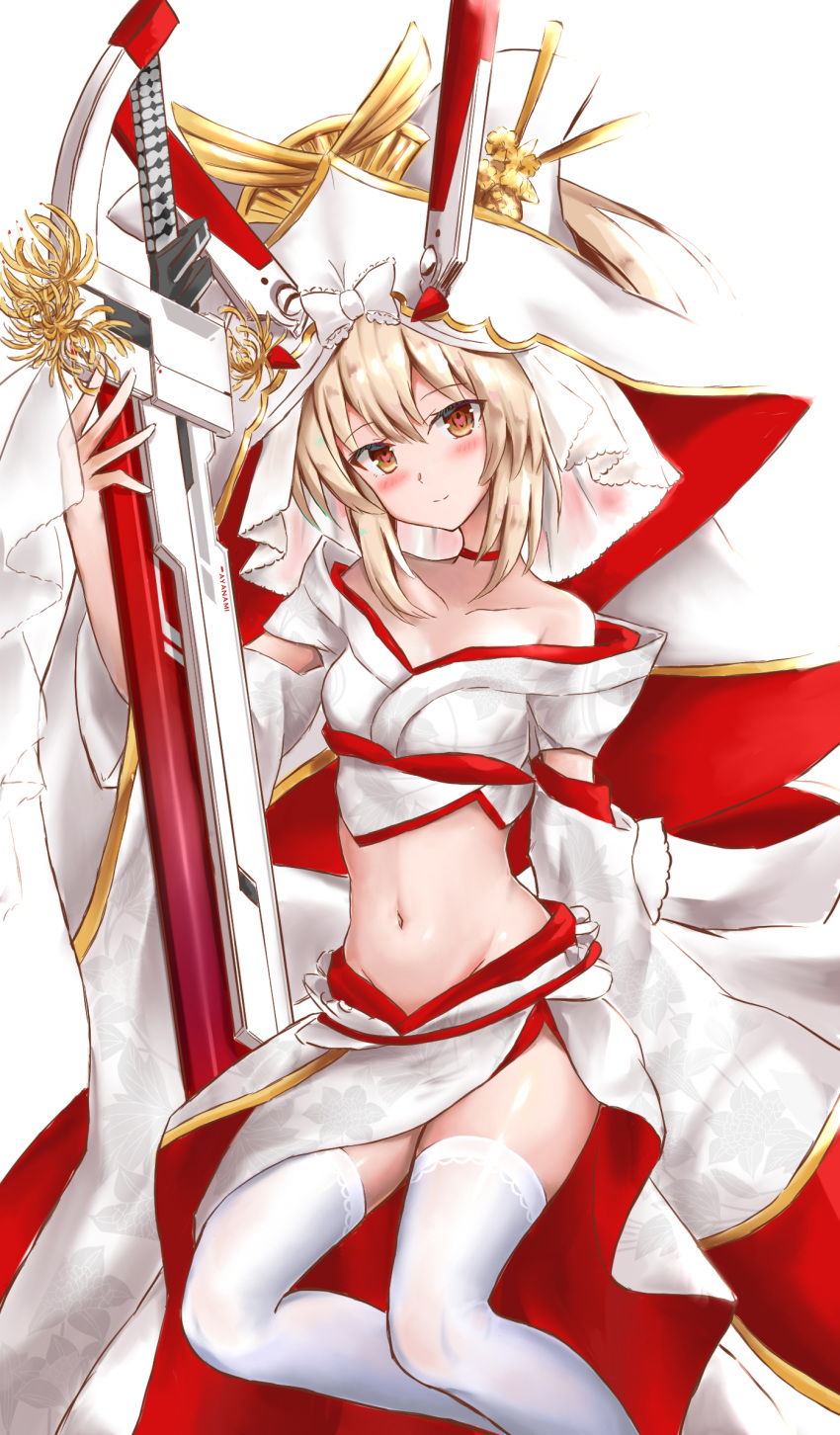 1girl ayanami_(azur_lane) ayanami_(demon's_dress)_(azur_lane) azur_lane bare_shoulders blush bridal_veil brown_eyes budesonide choker collarbone commentary_request detached_sleeves dress head_tilt headgear highres light_brown_hair long_hair looking_at_viewer midriff navel off_shoulder retrofit_(azur_lane) simple_background smile solo sword thigh-highs veil weapon wedding_dress white_background white_legwear wide_sleeves zettai_ryouiki