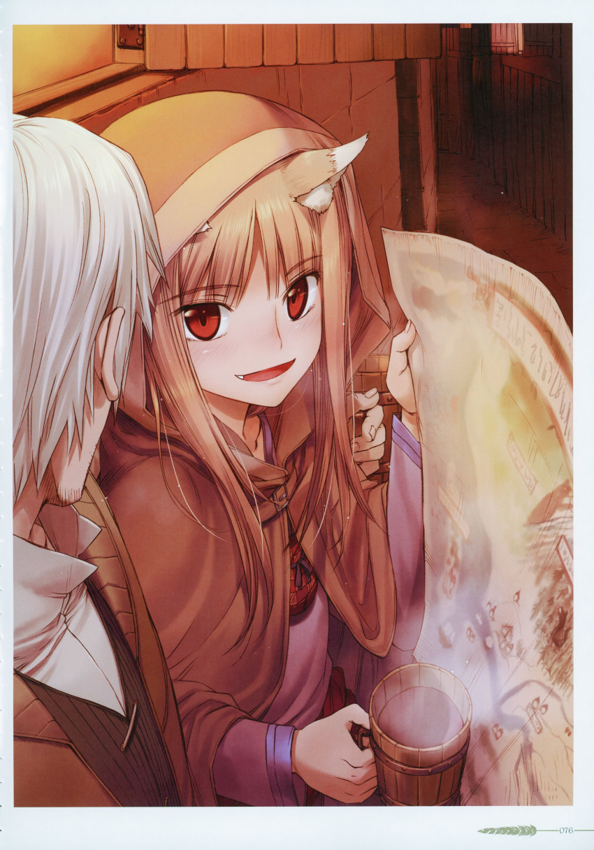 1boy 1girl :d absurdres animal_ears brown_cloak brown_hair cloak collarbone craft_lawrence eye_contact fang highres holding holding_map holo hood hood_up hooded_cloak koume_keito long_hair long_sleeves looking_at_another map official_art open_mouth page_number purple_shirt red_eyes scan shiny shiny_hair shirt silver_hair smile spice_and_wolf straight_hair wolf_ears