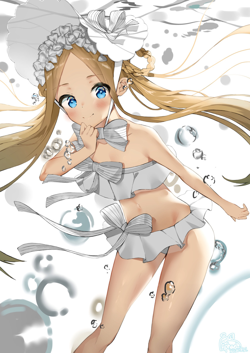 1girl abigail_williams_(fate/grand_order) abigail_williams_(swimsuit_foreigner)_(fate) absurdres air_bubble bangs bare_shoulders bikini blonde_hair blue_eyes blush bonnet bow braid breasts bubble closed_mouth fate/grand_order fate_(series) forehead hair_bow hair_rings highres long_hair looking_at_viewer miniskirt navel parted_bangs sidelocks skirt small_breasts smile swimsuit teddy_713 twin_braids twintails underwater very_long_hair white_bikini white_bow white_headwear