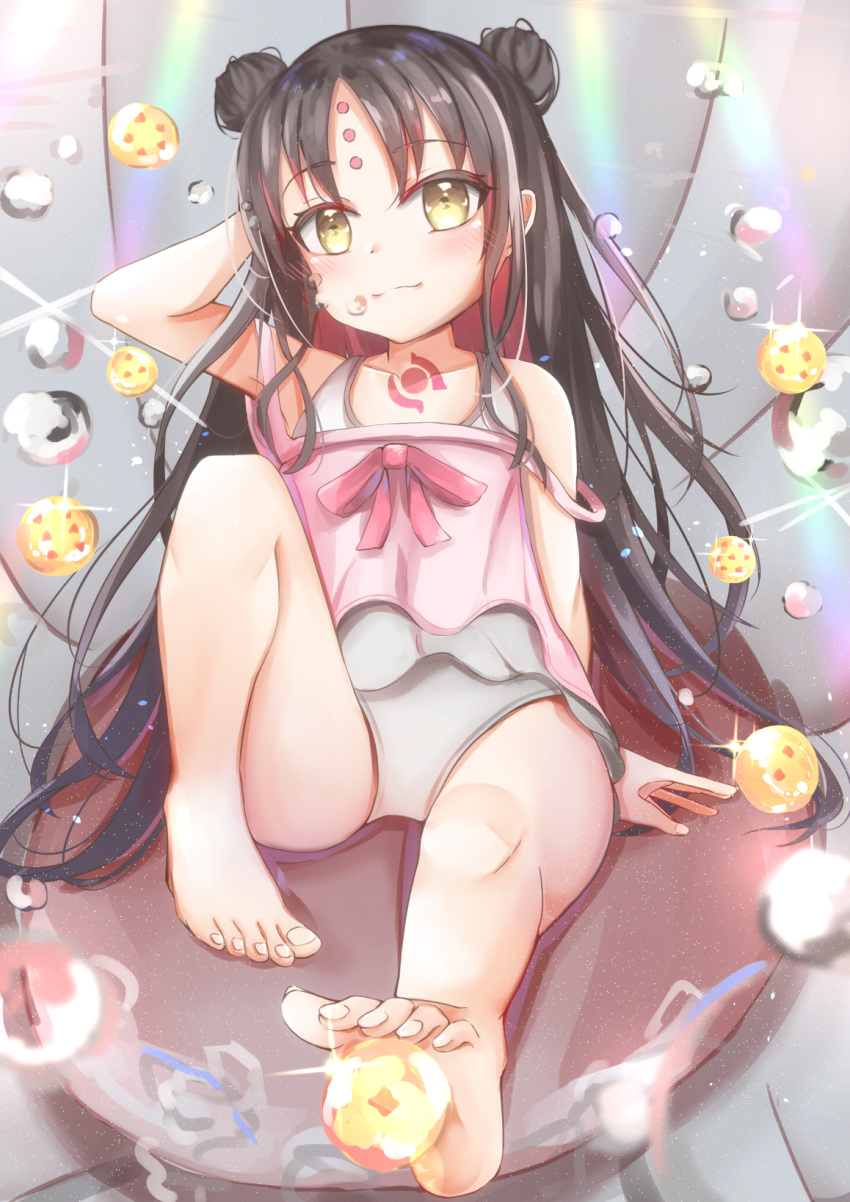 1girl arm_up armpits barefoot black_hair blush brown_eyes camisole double_bun facial_mark fate/grand_order fate_(series) feet forehead_mark hair_bun hand_in_hair highres knee_up legs long_hair minertime one-piece_swimsuit pink_camisole sesshouin_kiara sesshouin_kiara_(swimsuit_mooncancer)_(fate) sitting smile soles solo strap_slip swimsuit swimsuit_under_clothes thighs toes very_long_hair white_swimsuit