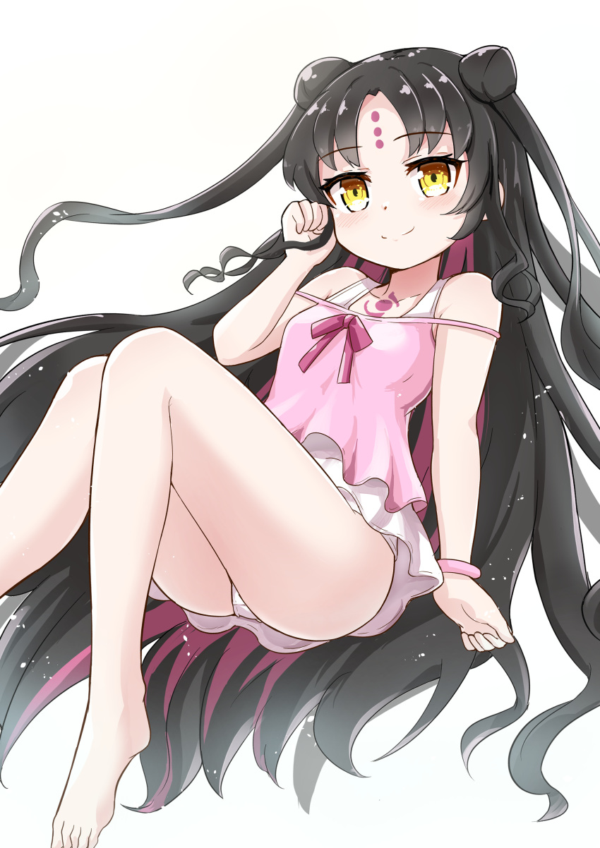 absurdres ass barefoot black_hair brown_eyes camisole double_bun erobear facial_mark fate/grand_order fate_(series) feet forehead_mark hair_bun hand_in_hair highres knees_up legs long_hair no_pants pink_camisole sesshouin_kiara sesshouin_kiara_(swimsuit_mooncancer)_(fate) simple_background sitting smile strap_slip swimsuit swimsuit_under_clothes thighs toes very_long_hair white_background white_swimsuit