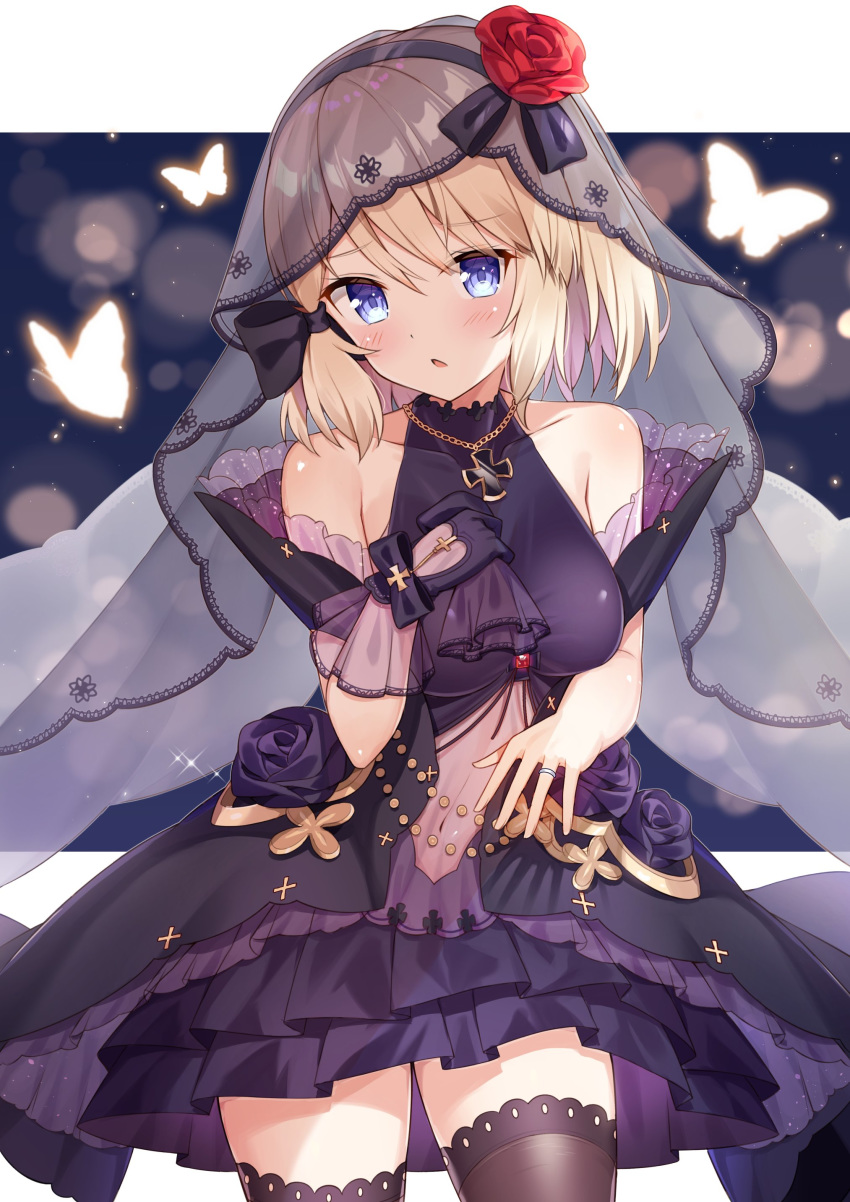 1girl absurdres azur_lane bare_shoulders black_dress black_gloves black_legwear black_wedding_dress blue_eyes blurry blush bridal_veil brown_hair bug butterfly collarbone commentary_request covered_navel depth_of_field dress flower frilled_dress frilled_skirt frills gloves highres insect iron_cross jewelry looking_at_viewer necklace parted_lips red_flower red_rose ring rose see-through short_hair simple_background skirt solo t@ke-g thigh-highs turtleneck_dress veil wedding_dress wedding_ring z23_(azur_lane) z23_(schwarze_hochzeit)_(azur_lane) zettai_ryouiki