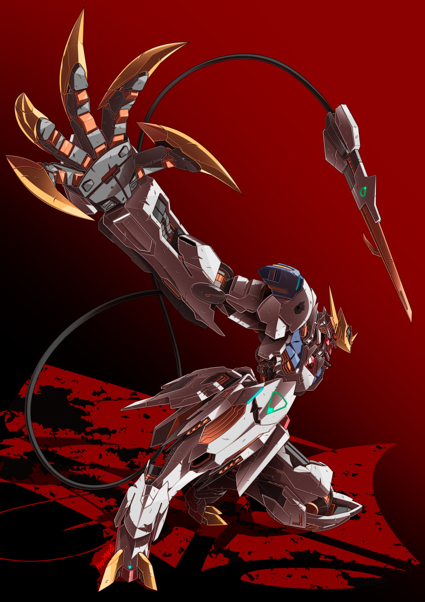 absurdres claws dynamic_pose glowing glowing_eyes gundam gundam_barbatos gundam_barbatos_lupus_rex gundam_tekketsu_no_orphans heyzan highres mecha mechanical_tail no_humans open_hand red_eyes solo squatting tail