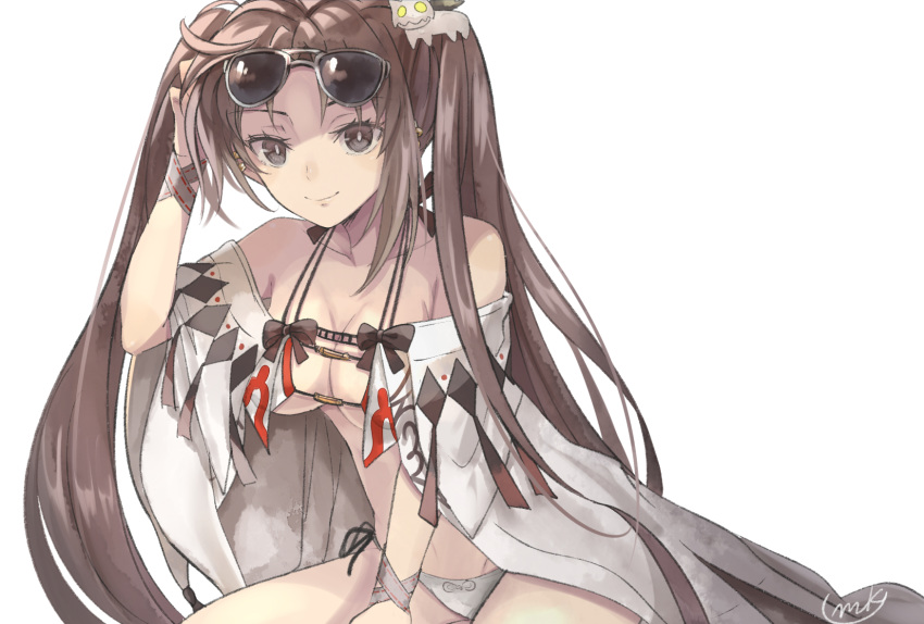 1girl bangs bare_shoulders bow breasts brown_eyes brown_hair closed_mouth commentary_request consort_yu_(fate) eyelashes eyewear_on_head fate/grand_order fate_(series) hair_ornament hand_in_hair highres long_hair mikanmochi signature simple_background smile solo sunglasses twintails very_long_hair white_background yu_miaoyi_(swimsuit_lancer)