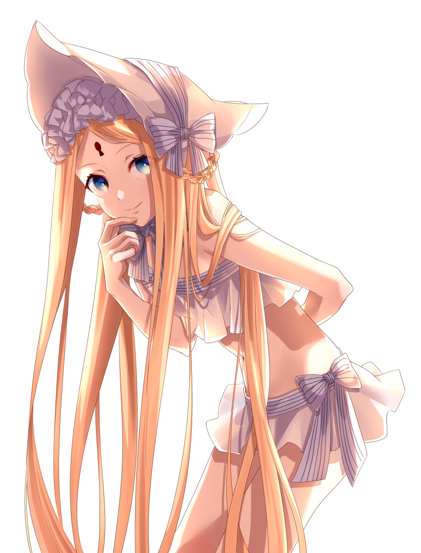 1girl abigail_williams_(fate/grand_order) abigail_williams_(swimsuit_foreigner)_(fate) absurdres arm_behind_back backlighting bangs bare_shoulders bikini blonde_hair blue_eyes bonnet bow braid breasts closed_mouth fate/grand_order fate_(series) forehead hair_bow hair_rings highres keyhole leaning_forward long_hair looking_at_viewer miniskirt navel parted_bangs persimmon2 sidelocks skirt small_breasts smile swimsuit thighs twin_braids twintails very_long_hair white_bikini white_bow white_headwear