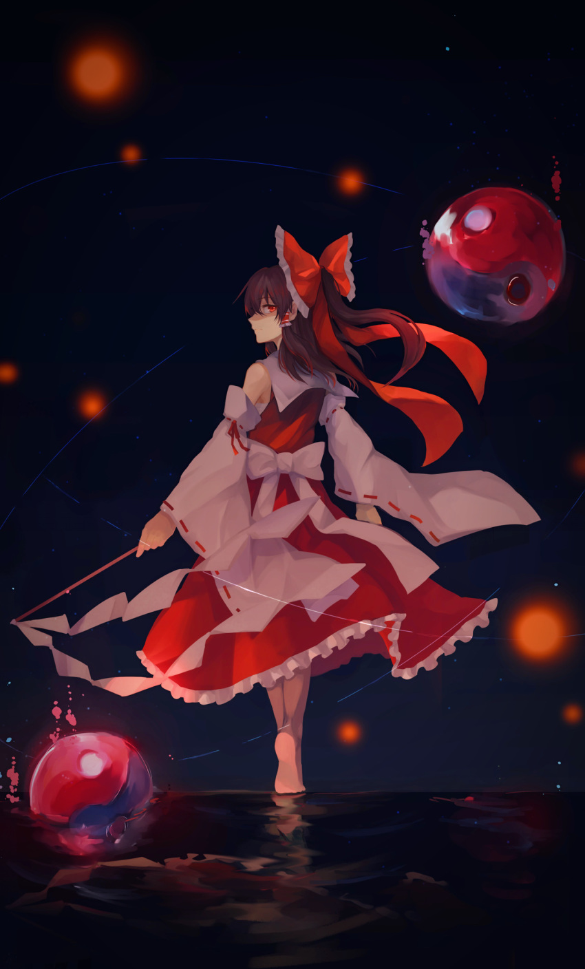 0218htt 1girl back_bow bare_shoulders barefoot blue_background bow brown_hair closed_mouth detached_sleeves dress frilled_dress frills from_behind full_body gohei gradient gradient_background hair_bow hair_tubes hakurei_reimu hand_up highres holding long_sleeves looking_at_viewer looking_back parted_lips red_bow red_dress red_eyes red_ribbon reflection ribbon ribbon-trimmed_sleeves ribbon_trim shaded_face sidelocks smile solo touhou walking walking_on_liquid white_bow wide_sleeves yin_yang_orb