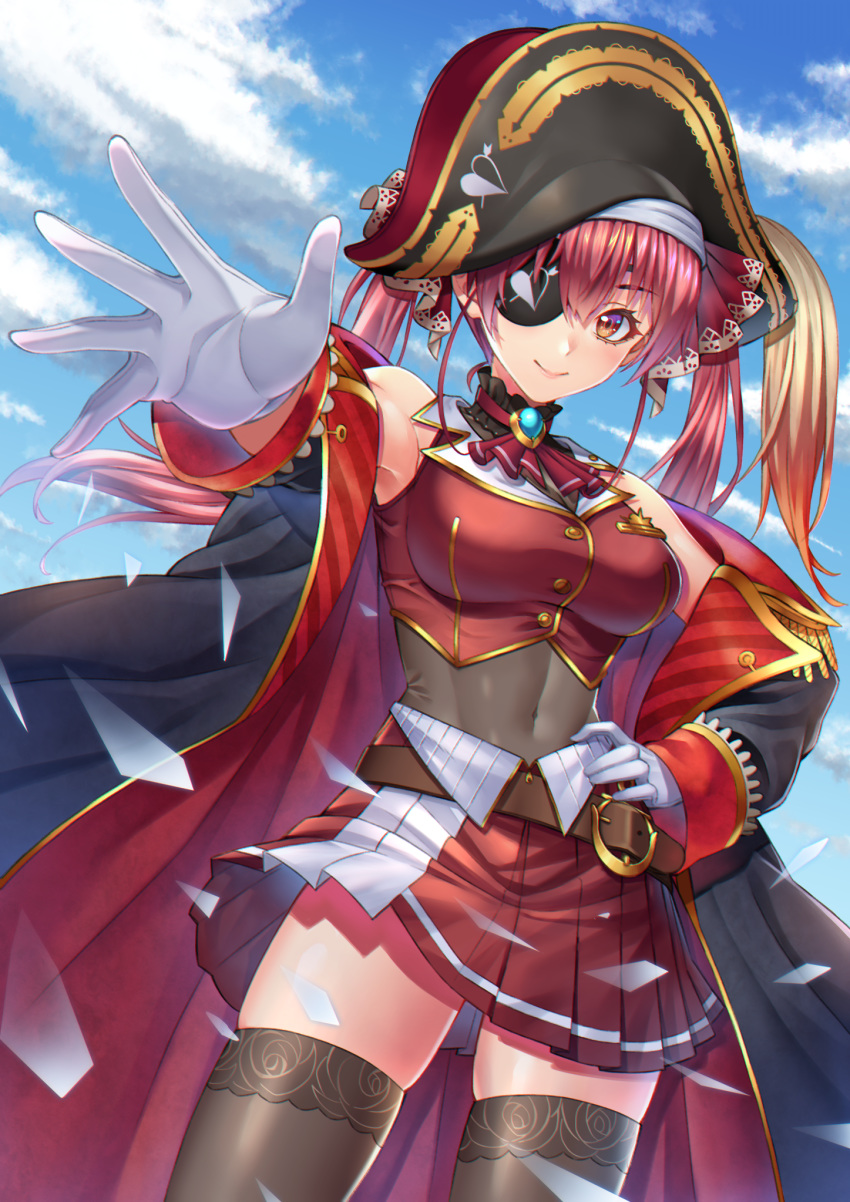 1girl bangs bare_shoulders black_coat black_eyepatch blush breasts brown_legwear buttons closed_mouth clouds coat covered_navel day epaulettes eyepatch gloves gold_trim hair_ribbon hat highres hololive houshou_marine long_hair noro_assumed off_shoulder orange_eyes outdoors pirate red_ribbon redhead ribbon skirt sky sleeveless smile solo spread_fingers thigh-highs twintails virtual_youtuber