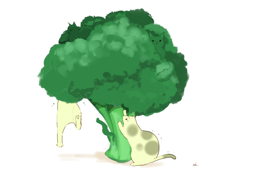 alternate_color black_eyes broccoli cat chai closed_eyes commentary_request hanging highres in_tree looking_up no_humans original oversized_food peeking_out scratching shadow signature simple_background smile tree white_background