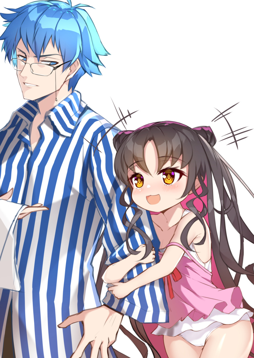 1boy 1girl :d age_difference arm_grab bangs bare_shoulders black_hair blue_eyes blue_hair character_request child collarbone collared_shirt colored_inner_hair commentary_request double_bun fate/grand_order fate_(series) frilled_swimsuit frills glasses highres holding holding_towel long_hair long_sleeves looking_at_another multicolored_hair open_mouth parted_lips pink_hair pink_swimsuit red_ribbon ribbon sesshouin_kiara_(swimsuit_mooncancer)_(fate) shirt short_hair simple_background smile strap_slip striped striped_shirt swimsuit towel two-tone_hair white_background wing_collar yellow_eyes yuruto