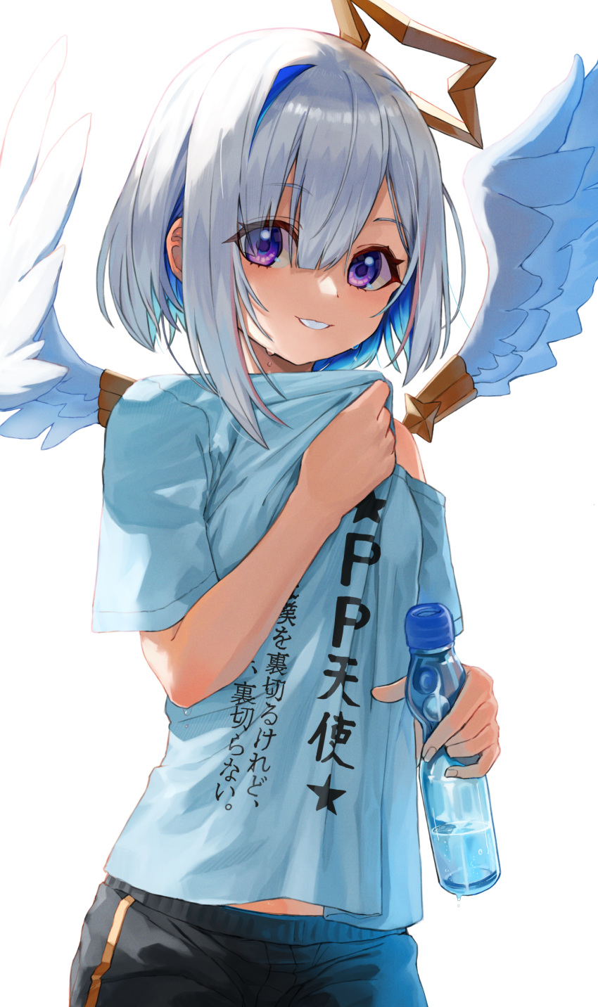1girl absurdres amane_kanata bangs black_shorts blue_hair blue_shirt blush bottle clothes_writing commentary_request eyebrows_visible_through_hair feathered_wings hair_between_eyes highres holding holding_bottle hololive mugcup multicolored_hair parted_lips ramune shirt shirt_grab short_sleeves shorts silver_hair simple_background smile solo translation_request two-tone_hair violet_eyes virtual_youtuber white_background white_wings wings