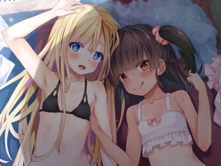 2girls :q arm_up armpits bikini black_bikini black_hair blonde_hair blue_eyes blush breasts brown_eyes commentary_request kazumasa long_hair lying multiple_girls navel on_back open_mouth original scrunchie side_ponytail small_breasts smile swimsuit tan tanline tongue tongue_out upper_body very_long_hair white_bikini