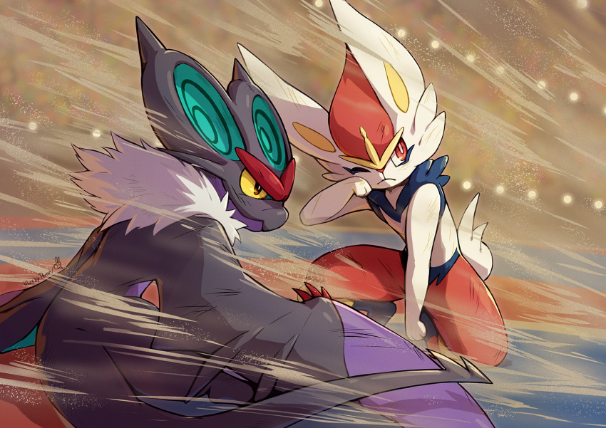 2others blurry blurry_background cinderace closed_mouth commentary_request crowd dust full_body fur_trim gen_6_pokemon gen_8_pokemon hand_on_own_cheek lights looking_to_the_side multiple_others no_humans noivern peron_(niki2ki884) pokemon pokemon_(creature) pokemon_(game) pokemon_swsh red_eyes shadow signature slit_pupils squatting tail wings yellow_eyes yellow_sclera