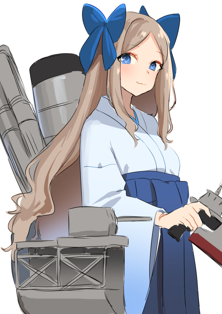 1girl adapted_turret asakaze_(kantai_collection) bangs blue_eyes blue_hakama blue_kimono cannon forehead hair_ribbon hakama highres japanese_clothes kantai_collection kimono light_brown_hair long_hair machinery meiji_schoolgirl_uniform mizuki_eiru_(akagi_kurage) parted_bangs ribbon sidelocks simple_background solo turret wavy_hair white_background