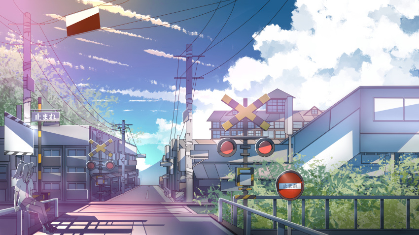 1girl blue_sky blue_theme clouds highres official_art power_lines railing railroad_tracks road_sign rokuban_(6thavenue) scenery shadow sign sitting sky summer