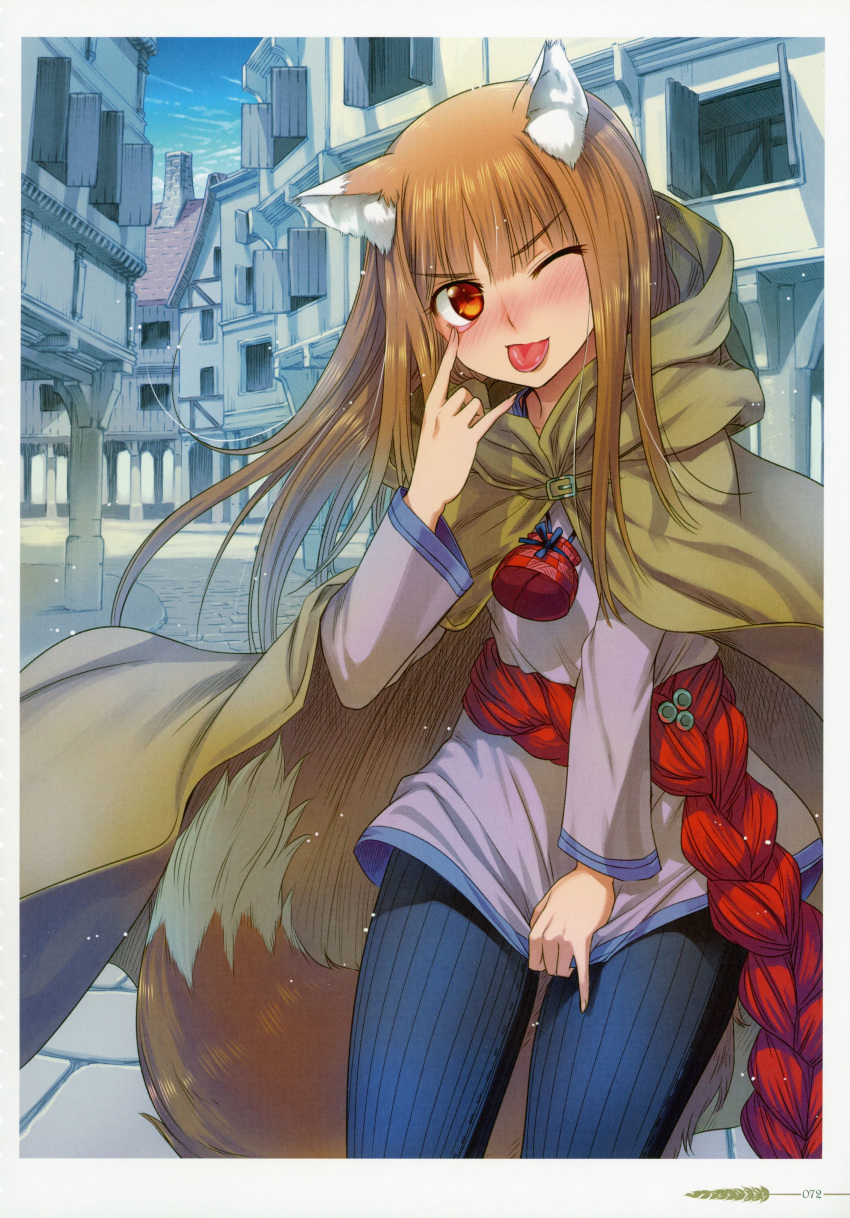 1girl absurdres animal_ears blue_pants blush brown_cloak brown_hair cloak cowboy_shot day eyebrows_visible_through_hair floating_hair highres holo hood hooded_cloak koume_keito long_hair long_sleeves looking_at_viewer official_art one_eye_closed orange_eyes outdoors page_number pants pouch purple_shirt road scan shiny shiny_hair shirt solo spice_and_wolf standing street tail tongue tongue_out very_long_hair wolf_ears wolf_tail