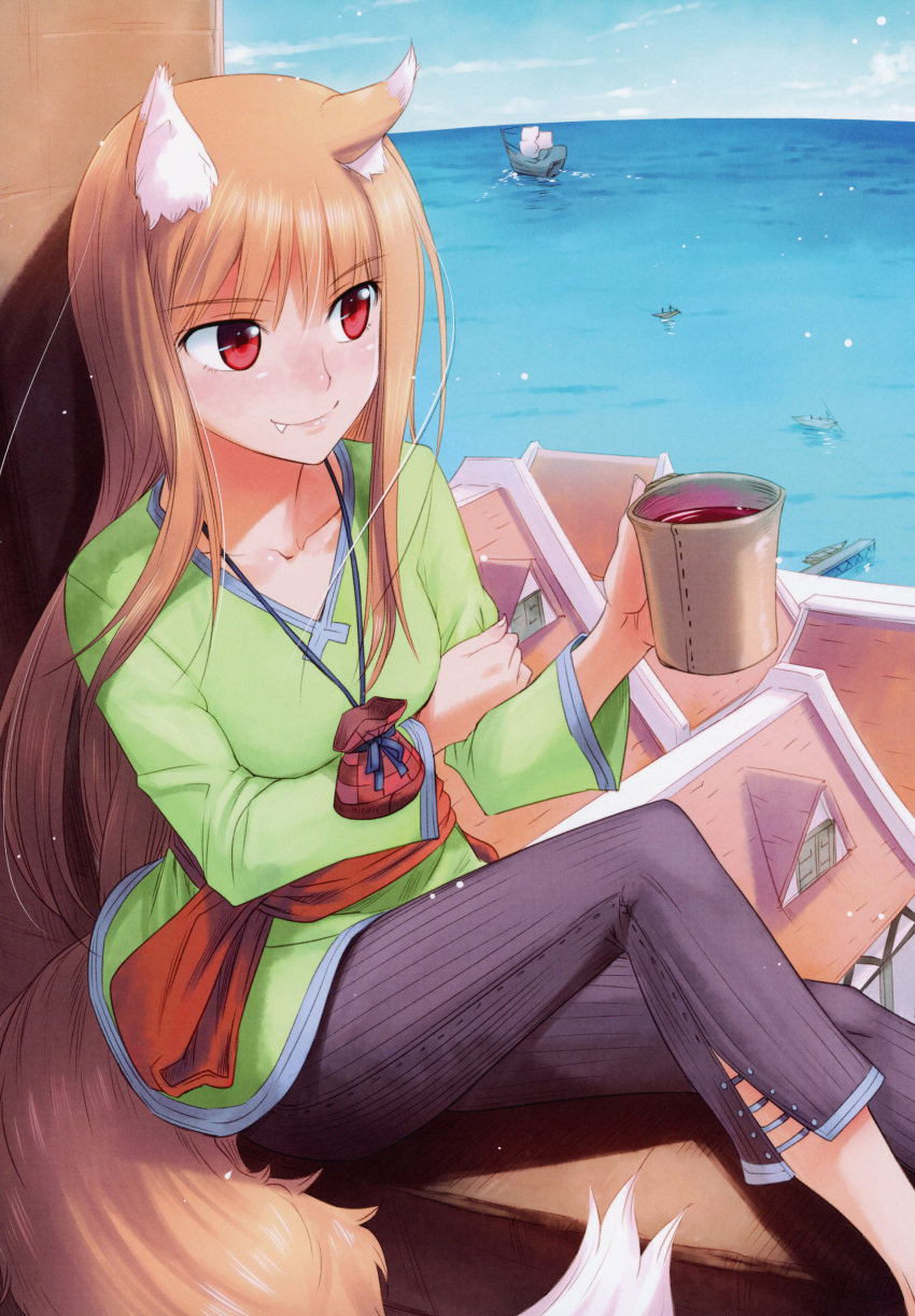 1girl absurdres animal_ears bangs blush breasts brown_hair closed_mouth collarbone eyebrows_visible_through_hair fang fang_out green_shirt hair_between_eyes highres holding holo koume_keito long_hair long_sleeves ocean official_art outdoors page_number pants purple_pants red_eyes scan shiny shiny_hair ship shirt sitting sitting_in_window small_breasts smile solo spice_and_wolf tail very_long_hair watercraft wolf_ears wolf_tail