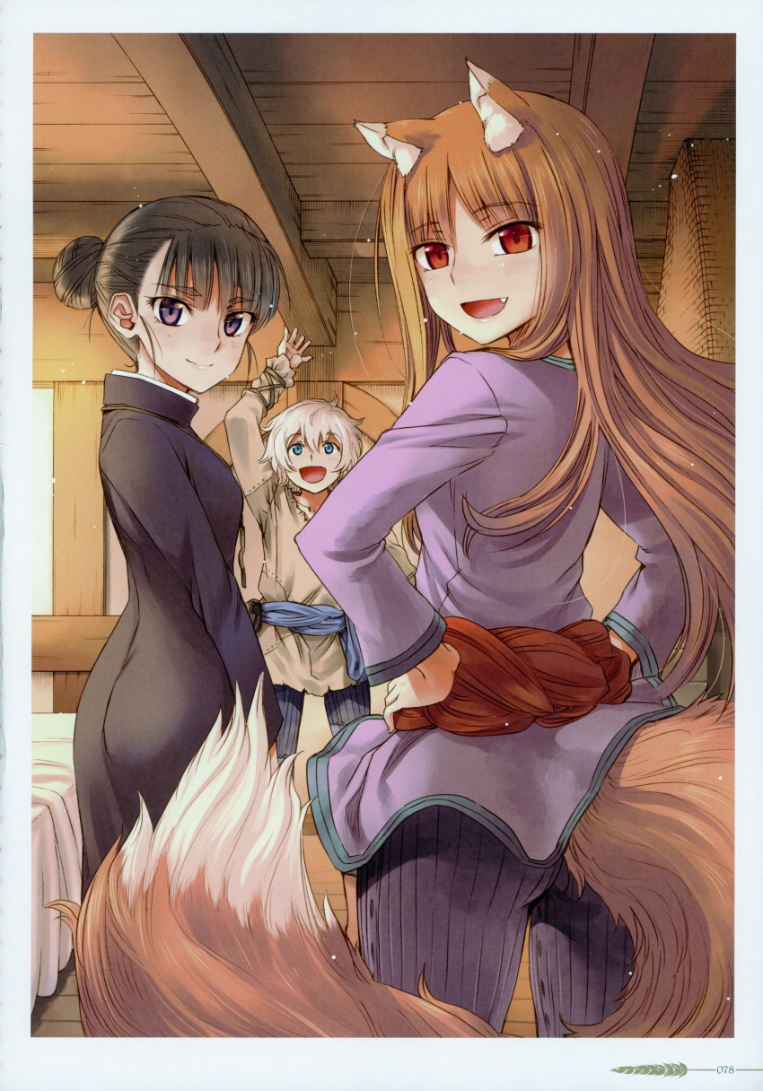 1boy 2girls :d absurdres animal_ears arm_up black_dress blue_eyes brown_hair closed_mouth dress elsa_schtingheim fang floating_hair freckles hands_on_hips highres holo indoors koume_keito long_hair long_sleeves looking_at_viewer multiple_girls official_art open_mouth page_number pants purple_shirt red_eyes scan shirt silver_hair smile spice_and_wolf tail tied_hair tote_col very_long_hair violet_eyes wolf_ears wolf_tail
