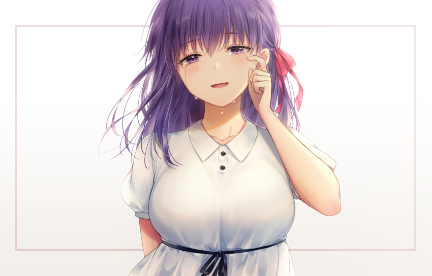 1girl blush dress fate/stay_night fate_(series) hair_ribbon heaven's_feel looking_at_viewer matou_sakura puffy_short_sleeves puffy_sleeves purple_hair red_ribbon ribbon shiobana short_hair short_sleeves solo tears violet_eyes white_dress