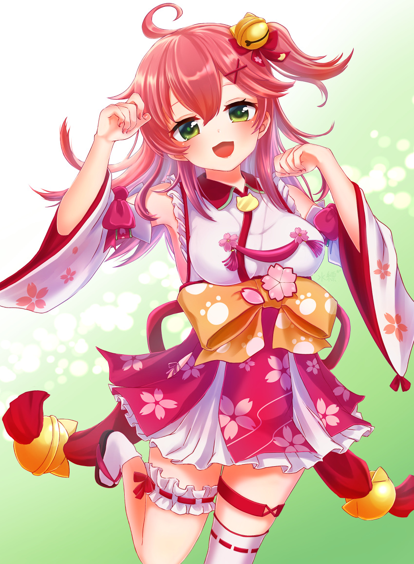 1girl absurdres ahoge breasts commentary_request detached_sleeves green_eyes hair_ornament highres hololive japanese_clothes large_breasts leg_up long_hair looking_at_viewer mihanada_kanata open_mouth pink_hair ribbon sakura_miko side_ponytail simple_background solo virtual_youtuber x_hair_ornament