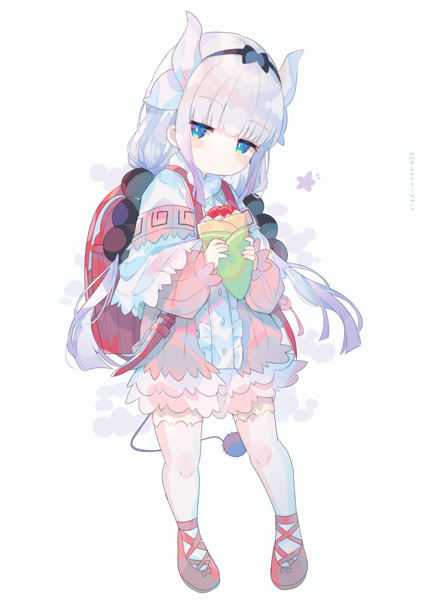 1girl absurdres backpack bag beads blue_eyes capelet child crepe dragon_girl dragon_horns dress expressionless food fruit full_body hair_beads hair_ornament hairband highres horns kanna_kamui kobayashi-san_chi_no_maidragon lavender_hair long_hair low_twintails pink_dress randoseru red_footwear ribbon shoes short_dress simple_background solo strawberry tail thigh-highs twintails umemaro_(siona0908) white_background white_capelet white_legwear